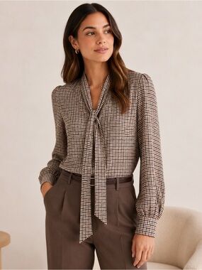 Who What Wear Houndstooth Tie-Neck Blouse in Black, Cream & Brown Women’s medium